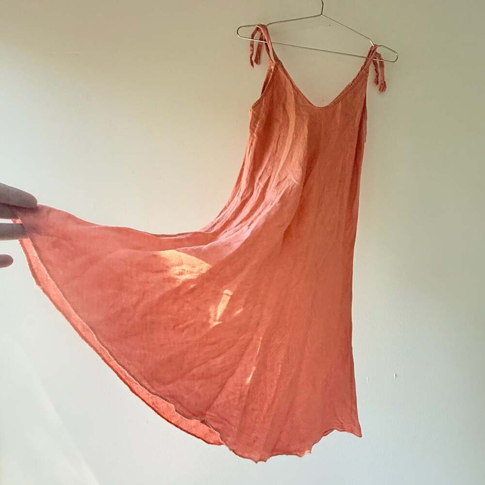 Coral Pink Linen Tie-Shoulder V-Neck Gauze Summer Dress